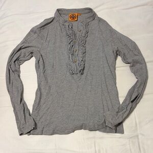 Tory Burch Gray Button Down Shirt with Ruffles
